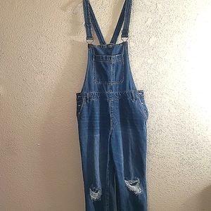 Forever 21 denim distressed stretchy jean overalls size large